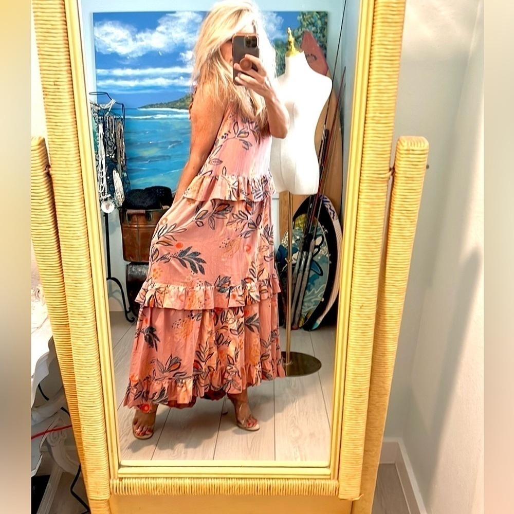 Free People, Anita Printed Maxi Dress Tiered Ruffle Pink Desert Rose, EUC,Size M - Picture 3 of 11